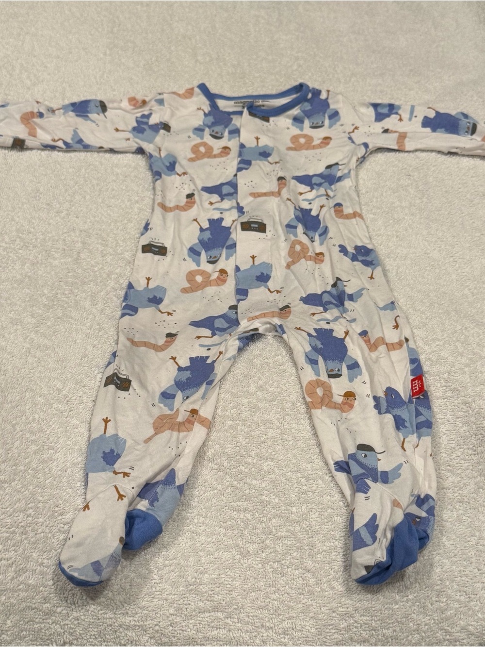 Magnetic Me White Footed Sleeper Blue Animal Print Birds Worms Modal 3-6 months